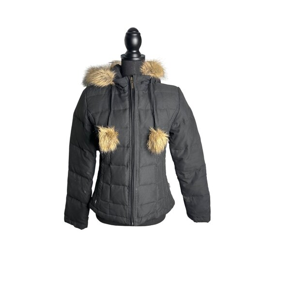 Vintage 90's Women's Black Down Hooded Puffer Jacket with Faux Fur S - Picture 1 of 13
